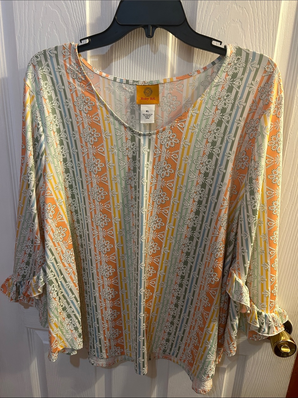 Ruby Rd. Striped Floral Peasant Blouse in Orange, Sage & Yellow
